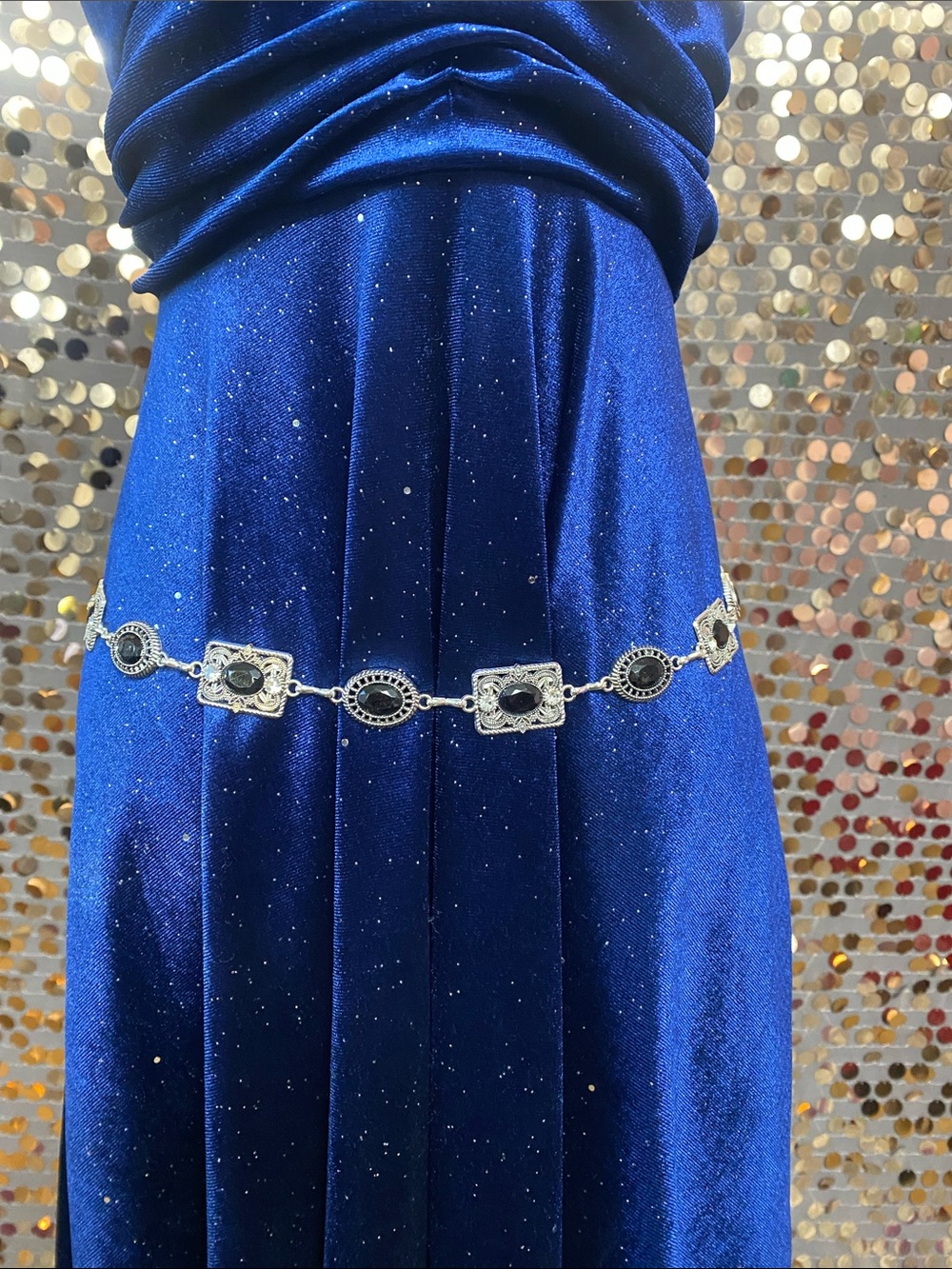Silver tone and black chain belt #487